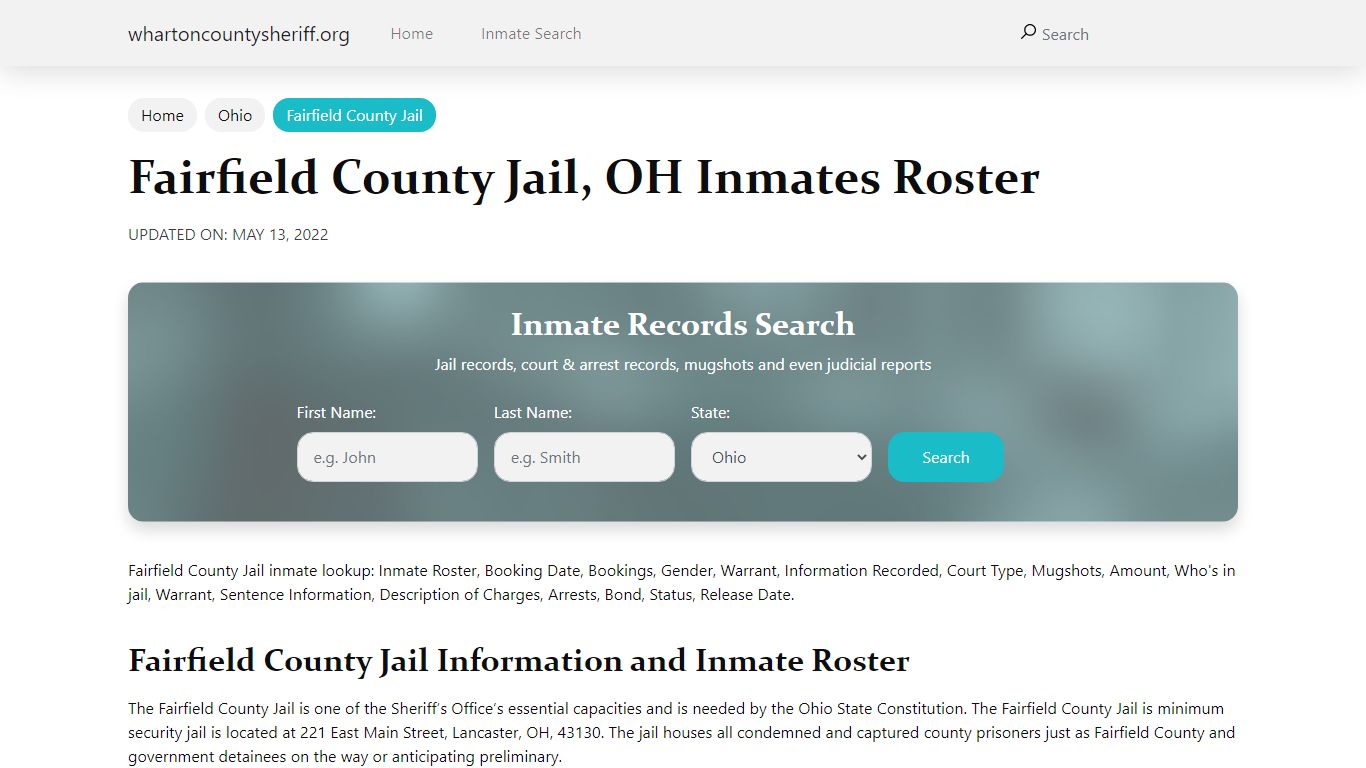 Fairfield County Jail, OH Jail Roster, Name Search