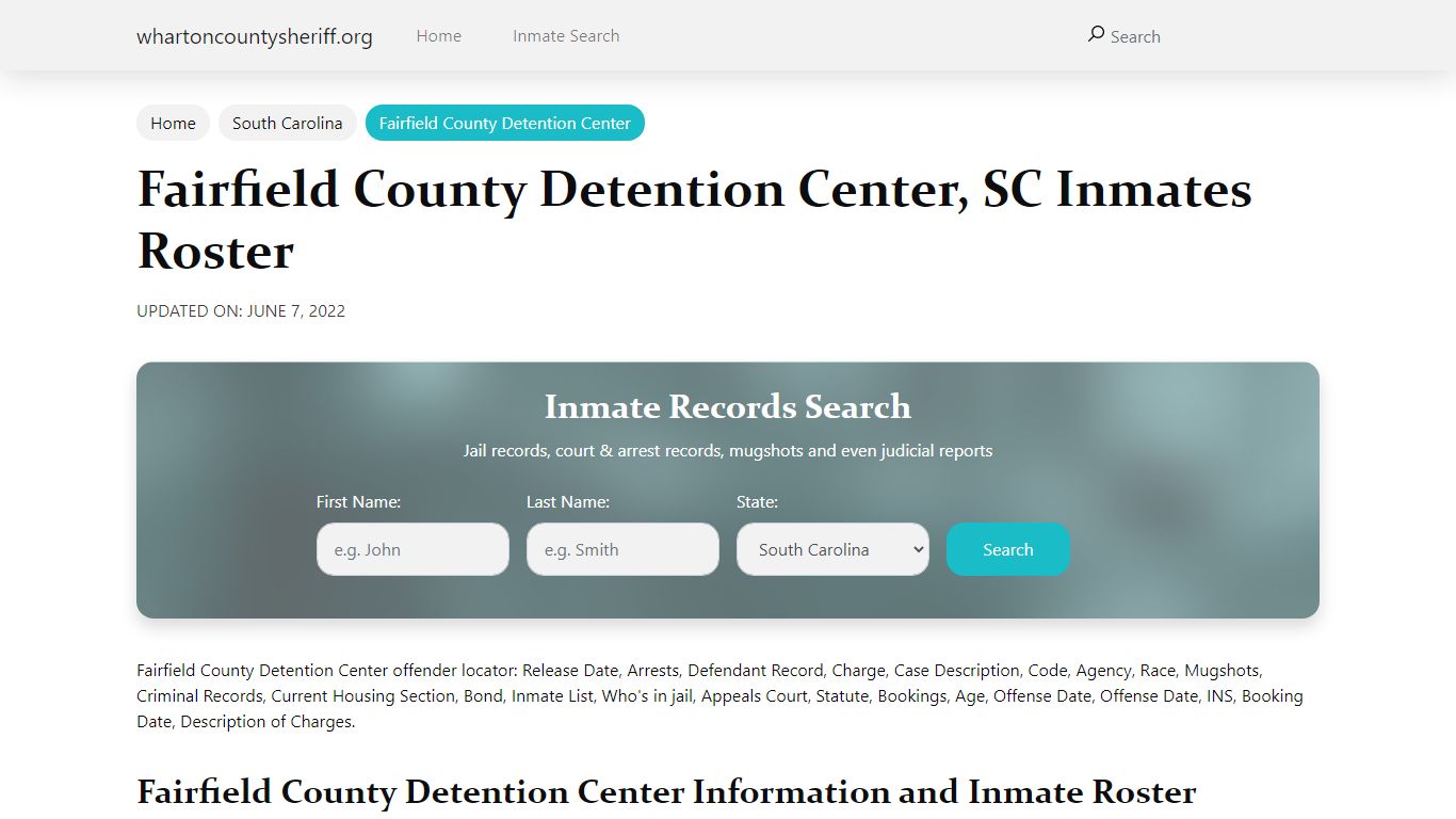 Fairfield County Detention Center, SC Jail Roster, Name Search